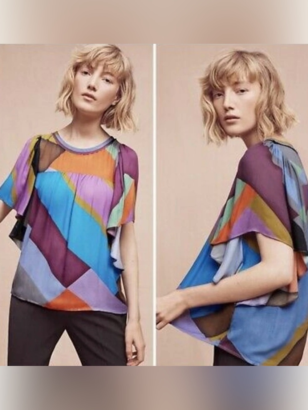 Women’s Hiche Anthropologie Mosaic Color Short-Flutter Sleeve Top Colorblock